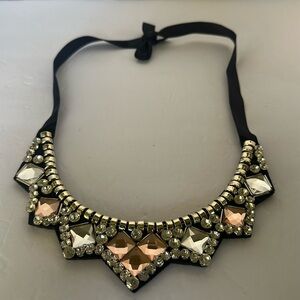 Statement Rhinestone Bib Necklace - Black Ribbon Tie, Gold Accents - New